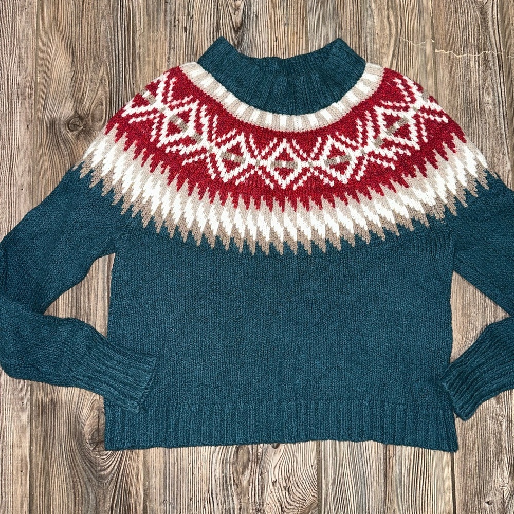 American Eagle Fair Isle Teal Tan Red Knit Sweater Mock Neck Long Sleeve Small - Picture 3 of 9